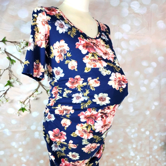 MOTHER BEE FLORAL 3/4 SLEEVES RUCHED STRETCHY COMFORTABLE MATERNITY DRESS XL - Picture 11 of 13